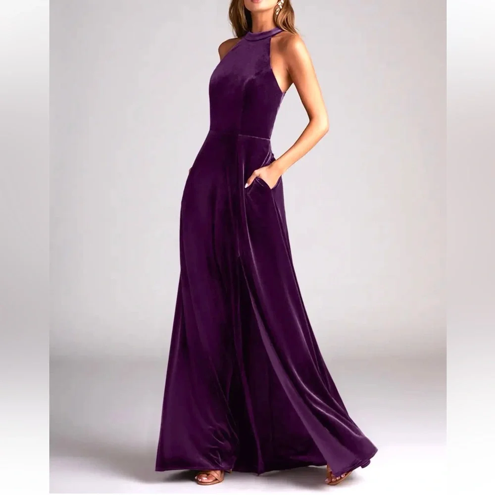 Azazie Larice Grape Aline High Neck Velvet Dress Plus Size 22 New